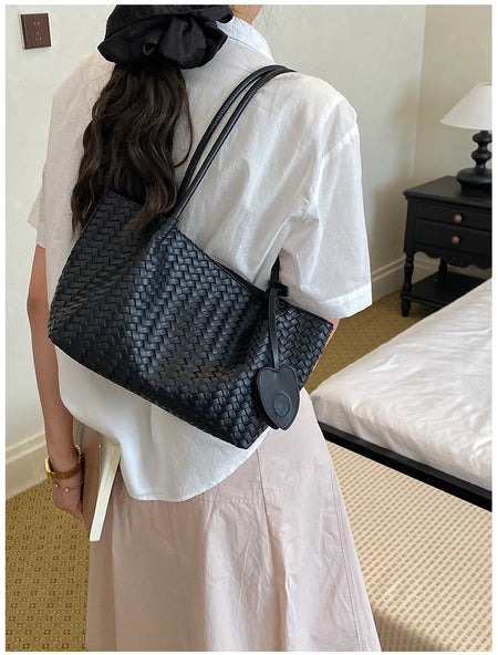 Koda Textured PU Tote Bag With Pouch - back shoulder-carry shot on model, black - Miss Mosa By Akanksha