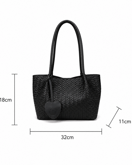 Koda Textured PU Tote Bag With Pouch - product shot with dimensions, black - Miss Mosa By Akanksha