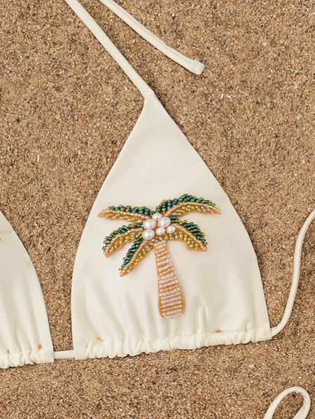 Kona Embellished 2Pcs Bikini Swimsuit - detail shot, cream white with palm tree embellishment - Miss Mosa By Akanksha