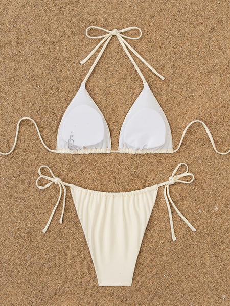 Kona Embellished 2Pcs Bikini Swimsuit - flat-lay shot, cream white - Miss Mosa By Akanksha