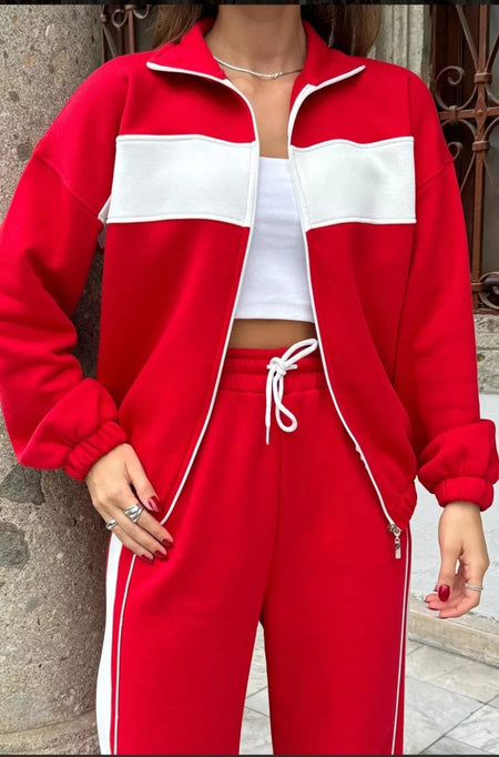 Kyler Premium Tracksuit - front shot on model outdoors, red and white - Miss Mosa By Akanksha