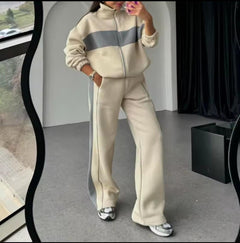 Kyler Premium Tracksuit - front shot on model in mirror, beige and grey - Miss Mosa By Akanksha