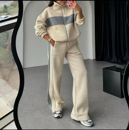 Kyler Premium Tracksuit - front shot on model in mirror, beige and grey - Miss Mosa By Akanksha