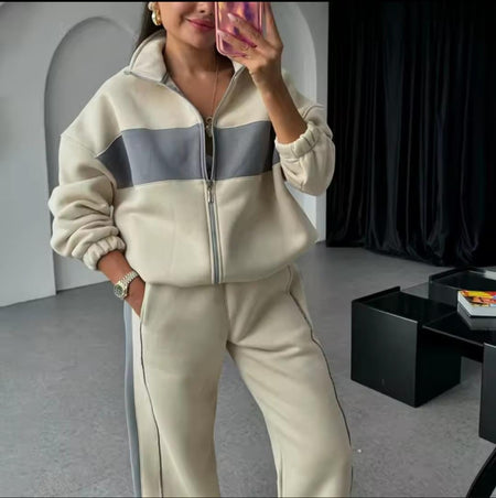 Kyler Premium Tracksuit - front shot on model in mirror, beige and grey - Miss Mosa By Akanksha