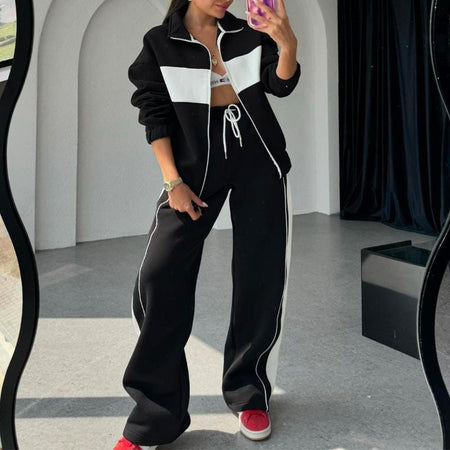 Kyler Premium Tracksuit - front shot on model in mirror, black and white - Miss Mosa By Akanksha