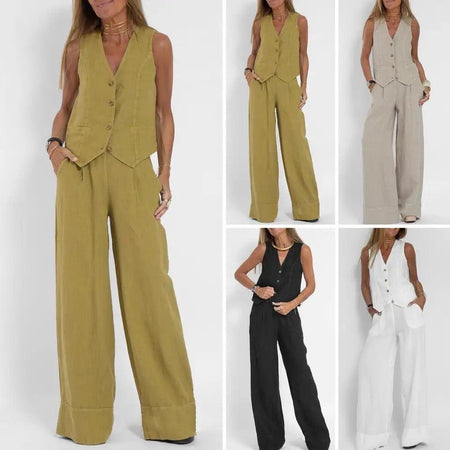 Laiden Statement Linen Vest Suit with Pants - styled flat-lay shot, multicolour - Miss Mosa By Akanksha