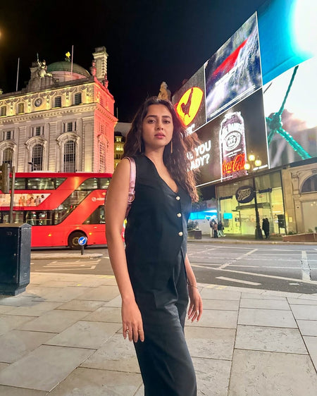 Laiden Statement Linen Vest Suit with Pants - lifestyle shot on model, black - Miss Mosa By Akanksha