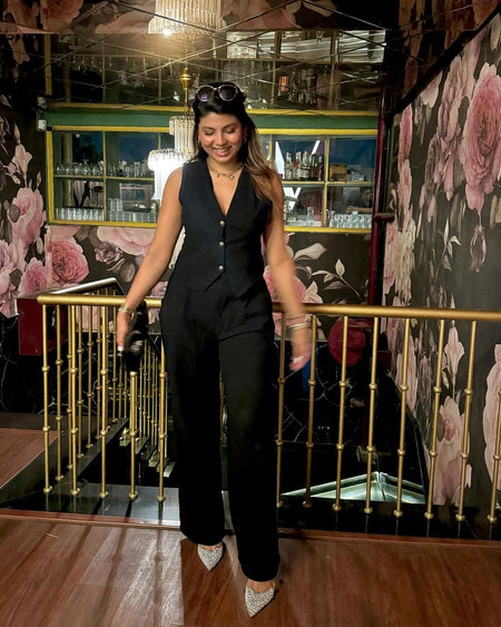 Laiden Statement Linen Vest Suit with Pants - lifestyle shot on model, black - Miss Mosa By Akanksha