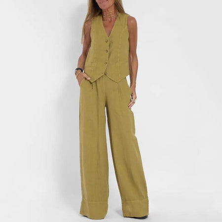 Laiden Statement Linen Vest Suit with Pants - full-length shot on model, olive - Miss Mosa By Akanksha