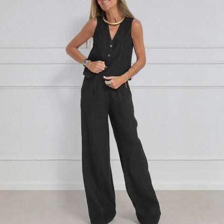 Laiden Statement Linen Vest Suit with Pants - full-length shot on model, black - Miss Mosa By Akanksha