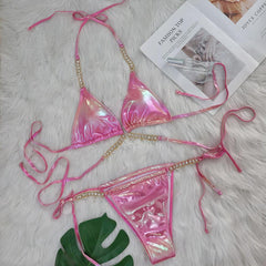 Lake Embellished 2Pcs Bikini Swimsuit - flat-lay shot, iridescent pink - Miss Mosa By Akanksha