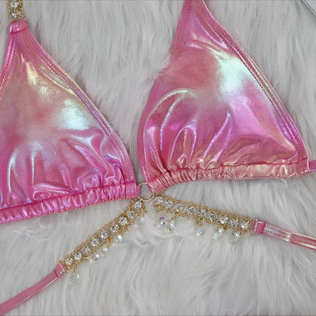 Lake Embellished 2Pcs Bikini Swimsuit - close-up shot, iridescent pink - Miss Mosa By Akanksha
