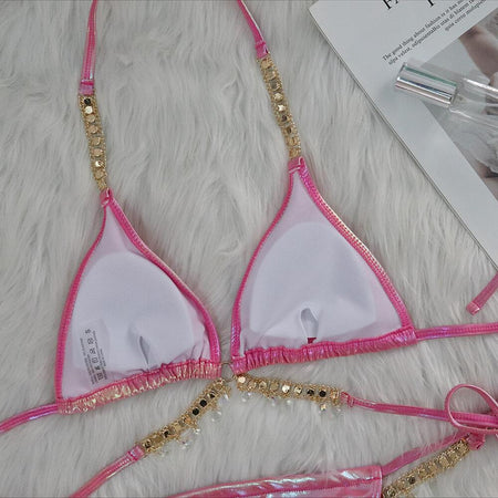 Lake Embellished 2Pcs Bikini Swimsuit - flat-lay shot, iridescent pink - Miss Mosa By Akanksha