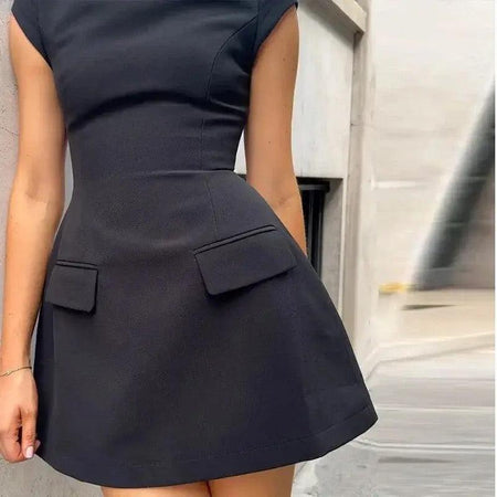 Lapos Summer Bodycon Dress - close-up of pocket flap, black - Miss Mosa By Akanksha