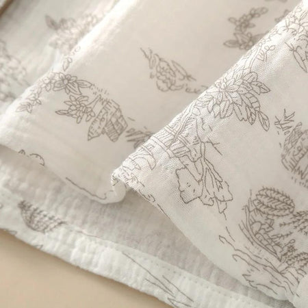 Lara 3 Pc Set Cotton Nightsuit In Off-White - close-up of fabric print detail - Miss Mosa By Akanksha