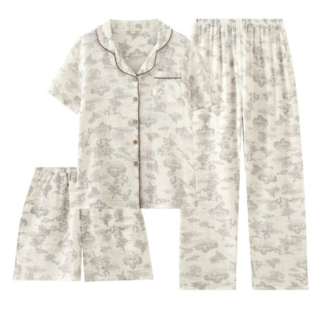 Lara 3 Pc Set Cotton Nightsuit In Off-White - flat-lay product shot of shirt shorts and trousers - Miss Mosa By Akanksha