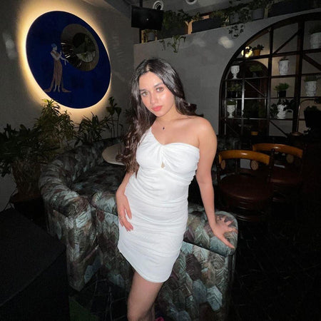 Lasa Ruched Mini Bodycon Mesh Dress - lifestyle shot on model, white - Miss Mosa By Akanksha