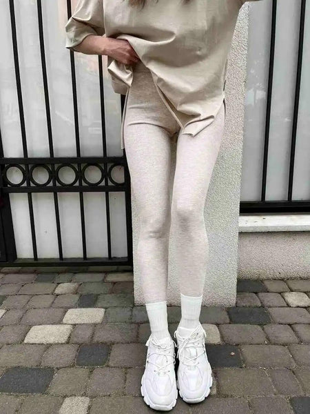 Lateno Premium Fleece Leggings - front shot on model, beige - Miss Mosa By Akanksha