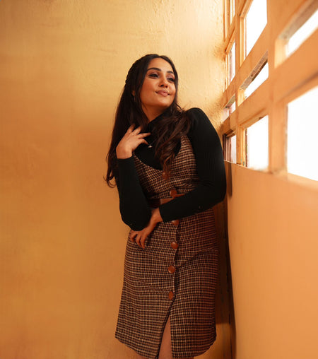 Lauder Dress and Top Set In Black and Brown - lifestyle shot on model, brown - Miss Mosa By Akanksha