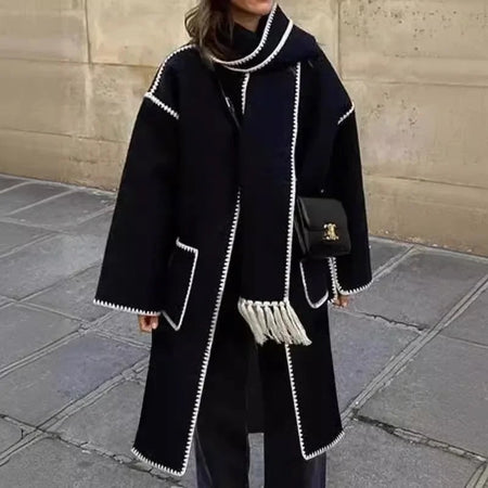 Laura Long Oversized Woolen Jacket with Scarf - front shot on model outdoors, black and white - Miss Mosa By Akanksha