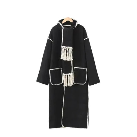 Laura Long Oversized Woolen Jacket with Scarf - front shot on hanger with scarf, black and white - Miss Mosa By Akanksha