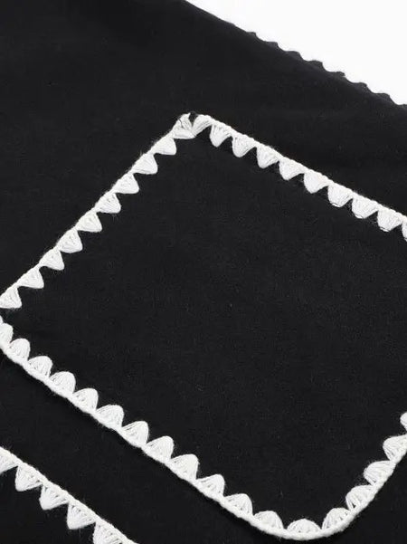 Laura Long Oversized Woolen Jacket with Scarf - close-up of patch pocket detail, black and white - Miss Mosa By Akanksha
