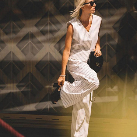 Laura Stripe Vest Coord Set - styled shot, white with navy pinstripes - Miss Mosa By Akanksha