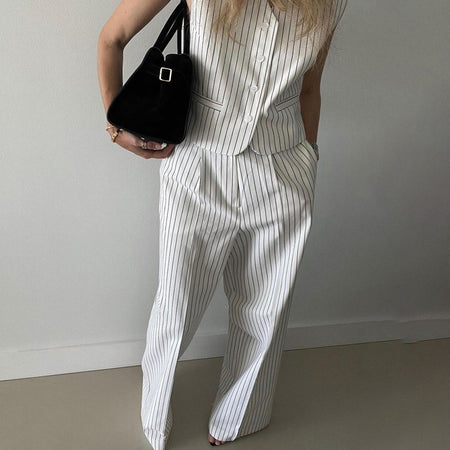 Laura Stripe Vest Coord Set - back shot, white with navy pinstripes - Miss Mosa By Akanksha