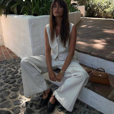 Laura Stripe Vest Coord Set - seated shot, white with navy pinstripes - Miss Mosa By Akanksha