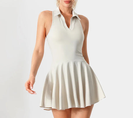 Laura Tenniscore Statement Dress - front shot on model, cream - Miss Mosa By Akanksha