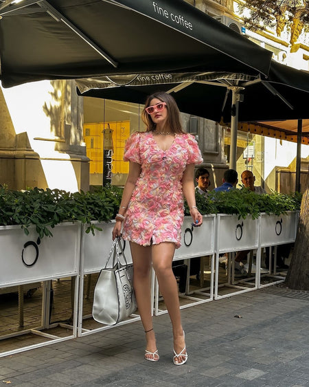 Laurel 3D Floral Dress - lifestyle shot on model, pink - Miss Mosa By Akanksha