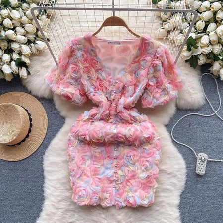 Laurel 3D Floral Dress - front shot on hanger, pink - Miss Mosa By Akanksha