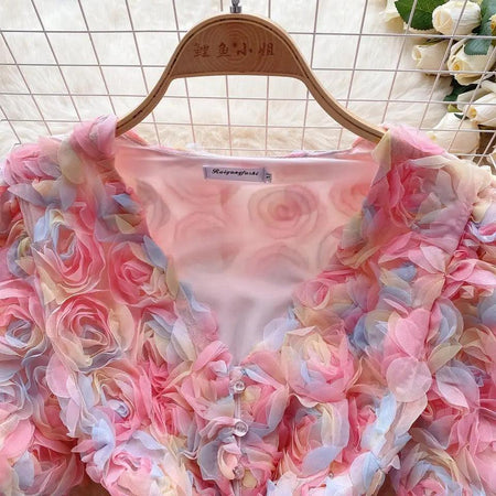 Laurel 3D Floral Dress - close-up of neckline, pink - Miss Mosa By Akanksha