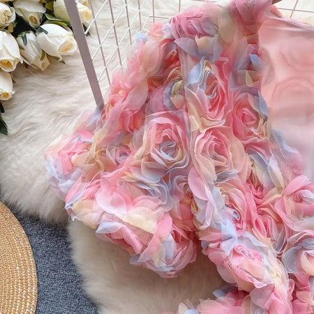 Laurel 3D Floral Dress - close-up of floral texture, pink - Miss Mosa By Akanksha