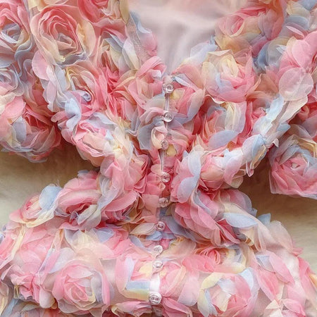 Laurel 3D Floral Dress - close-up of button placket, pink - Miss Mosa By Akanksha