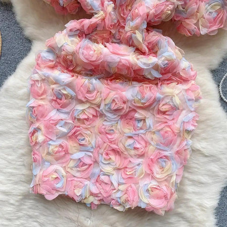 Laurel 3D Floral Dress - close-up of skirt detail, pink - Miss Mosa By Akanksha