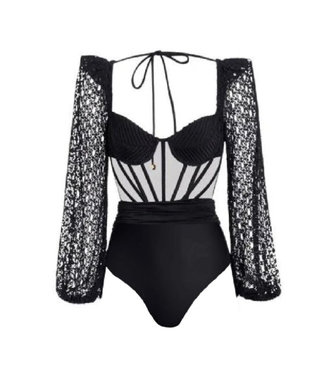 Laurel Statement Swimsuit With Attached Skirt - flat-lay product shot, black - Miss Mosa By Akanksha
