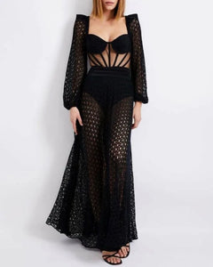 Laurel Statement Swimsuit With Attached Skirt - full-length shot on model, black - Miss Mosa By Akanksha