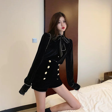 Laurie Luxe Velvet 2 Pc Set - Set of Top and Shorts - front shot on model, black - Miss Mosa By Akanksha
