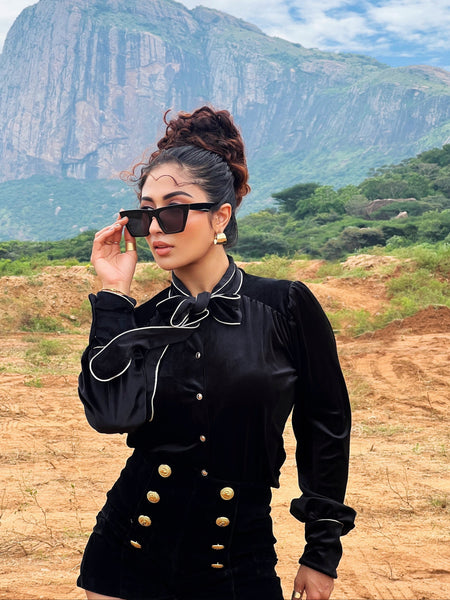 Laurie Luxe Velvet 2 Pc Set - Set of Top and Shorts - close-up of embroidery detail, black - Miss Mosa By Akanksha