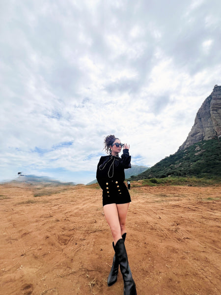 Laurie Luxe Velvet 2 Pc Set - Set of Top and Shorts - lifestyle shot on model, black - Miss Mosa By Akanksha
