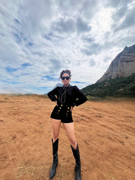 Laurie Luxe Velvet 2 Pc Set - Set of Top and Shorts - full-length shot on model, black - Miss Mosa By Akanksha