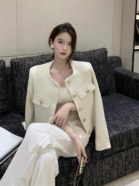 Lave Tweed Premium Jacket In Off-White - lifestyle shot on model, off-white - Miss Mosa By Akanksha
