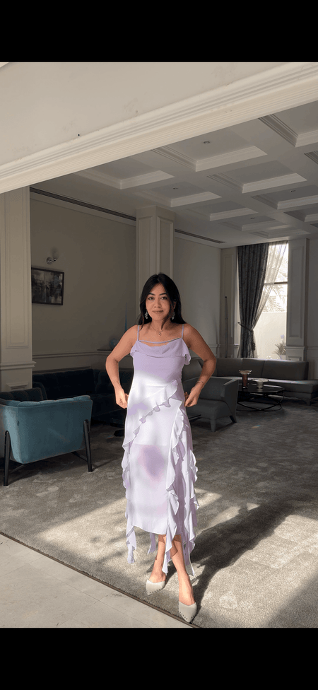 Lavender Dreams Ruffled Maxi Dress - lifestyle shot on model, lilac - Miss Mosa By Akanksha