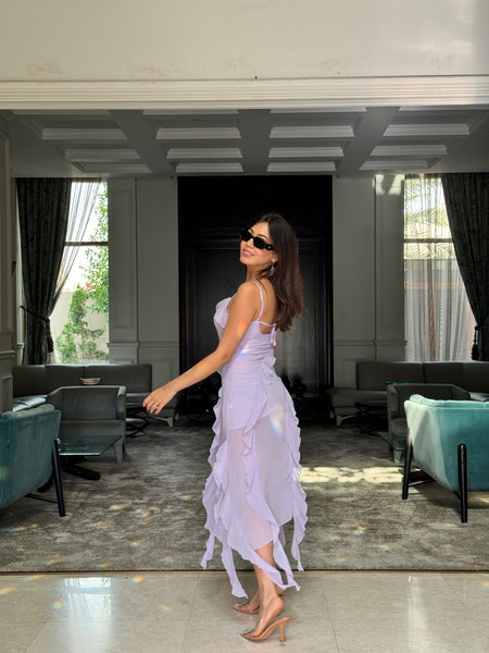 Lavender Dreams Ruffled Maxi Dress - side shot on model, lilac - Miss Mosa By Akanksha