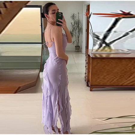 Lavender Dreams Ruffled Maxi Dress - back shot on model, lilac - Miss Mosa By Akanksha
