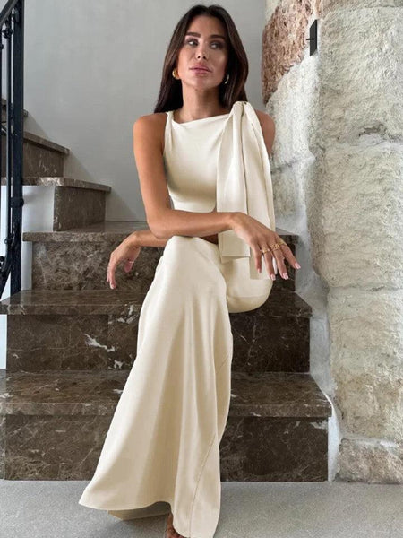 Lavi Luxe Bodycon Maxi Dress - lifestyle shot on model, cream - Miss Mosa By Akanksha