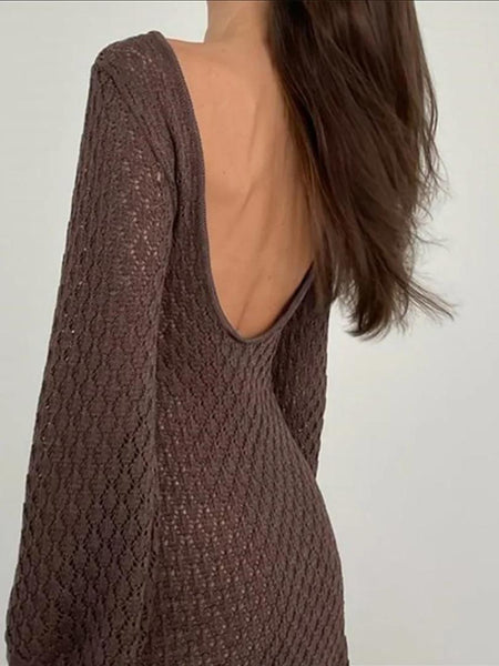 Layla Soft Crochet Dress Resortwear - back shot on model, brown - Miss Mosa By Akanksha