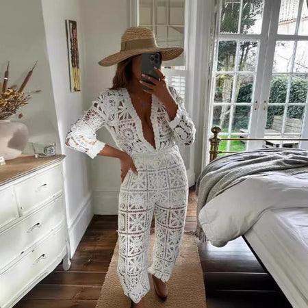 Laysha Crochet Holiday Coord - Resortwear In Beige - full-length front shot on model in a bedroom - Miss Mosa By Akanksha