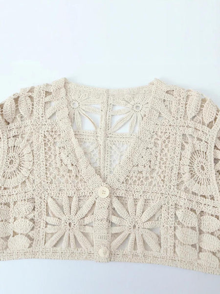 Laysha Crochet Holiday Coord - Resortwear In Beige - flat-lay product shot of the crochet cardigan - Miss Mosa By Akanksha